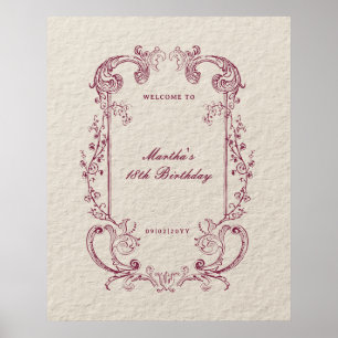 Affiche Panneau de bienvenue d'anniversaire floral burgund
