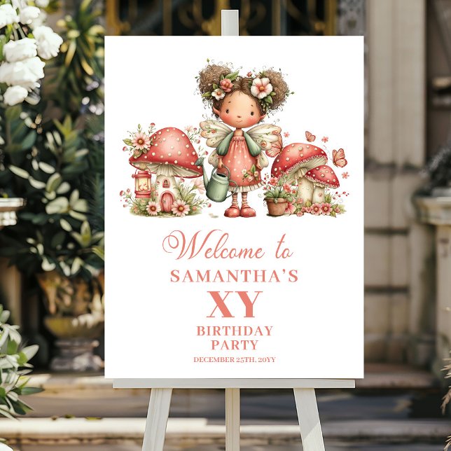 Affiche Panneau de bienvenue d'anniversaire floral de fée  (Whimsical Pink Fairy Floral Birthday Welcome Sign)