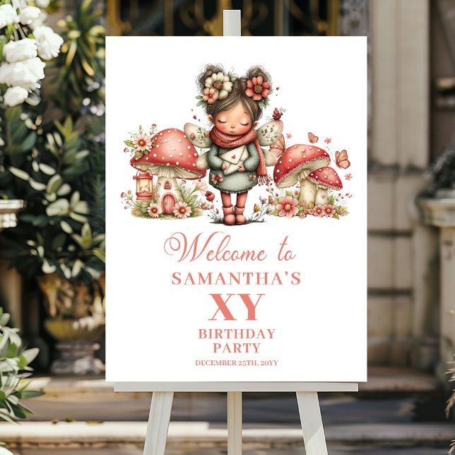 Affiche Panneau de bienvenue d'anniversaire floral rose fé (Delightful Fairy Pink Floral Birthday Welcome Poster)
