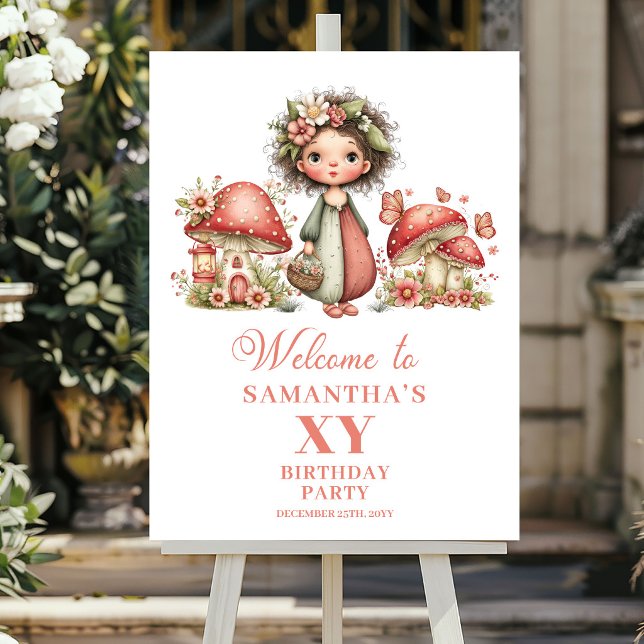 Affiche Panneau de bienvenue d'anniversaire rose fantaisis (Whimsical Pink Fairy Blush Birthday Welcome Sign)