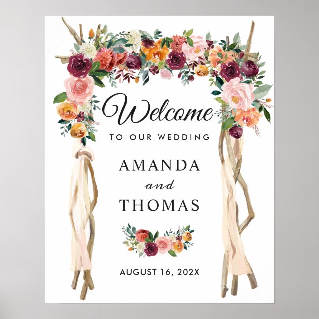 Affiche Panneau de bienvenue d'arche de mariage floral bur (Devant)