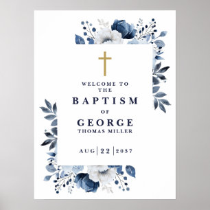 Affiche Panneau de bienvenue de baptême botanique bleu mar