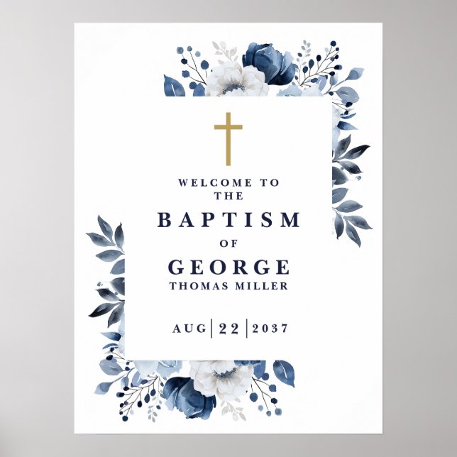 Affiche Panneau de bienvenue de baptême botanique bleu mar (Devant)