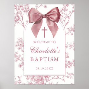Affiche Panneau de bienvenue de baptême floral à ruban ros