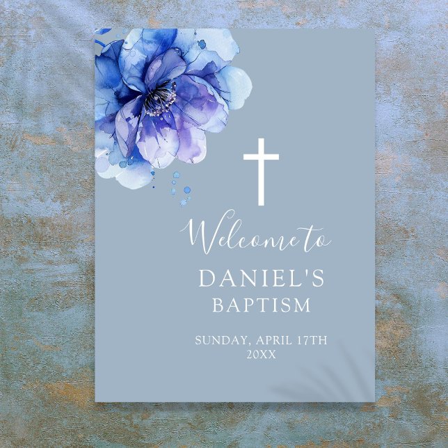 Affiche Panneau de bienvenue de baptême floral aquarelle m (Blue Modern Watercolor Floral Baptism Welcome Sign)