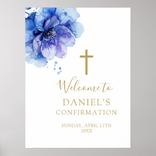 Affiche Panneau de bienvenue de confirmation florale bleu
