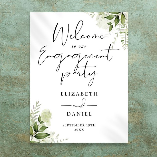 Affiche Panneau de bienvenue de fête de fiançailles à la v (Floral Greenery Engagement Party Welcome Sign)