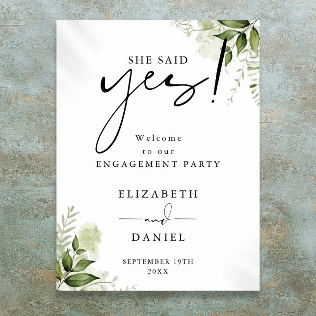 Affiche Panneau de bienvenue de fête de fiançailles à la v (Floral Greenery Engagement Party Welcome Sign)