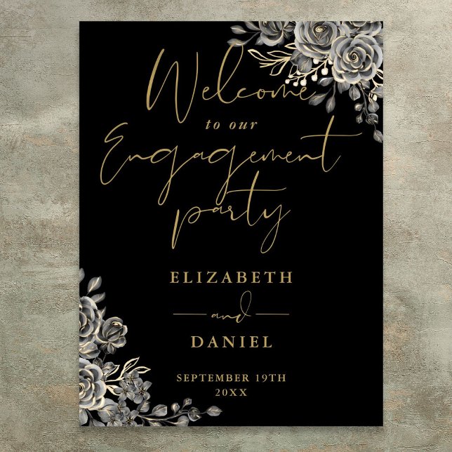 Affiche Panneau de bienvenue de fête de fiançailles floral (Gothic Floral Engagement Party Welcome Sign)
