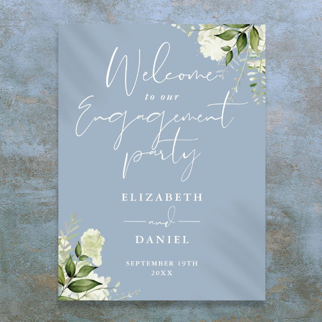 Affiche Panneau de bienvenue de fête de fiançailles floral (Floral Dusty Blue Engagement Party Welcome Sign)