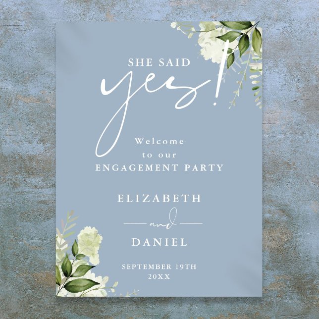 Affiche Panneau de bienvenue de fête de fiançailles Floral (Floral Dusty Blue Engagement Party Welcome Sign)