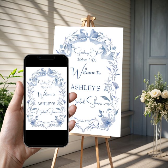 Affiche Panneau de bienvenue de la douche nuptiale bleu fo (Dusty blue vintage floral ribbon bow elegant bridal shower welcome sign poster template download)