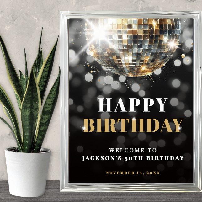 Affiche Panneau de bienvenue de la fête d'anniversaire des (Black Gold 50th Birthday Party Welcome Sign)