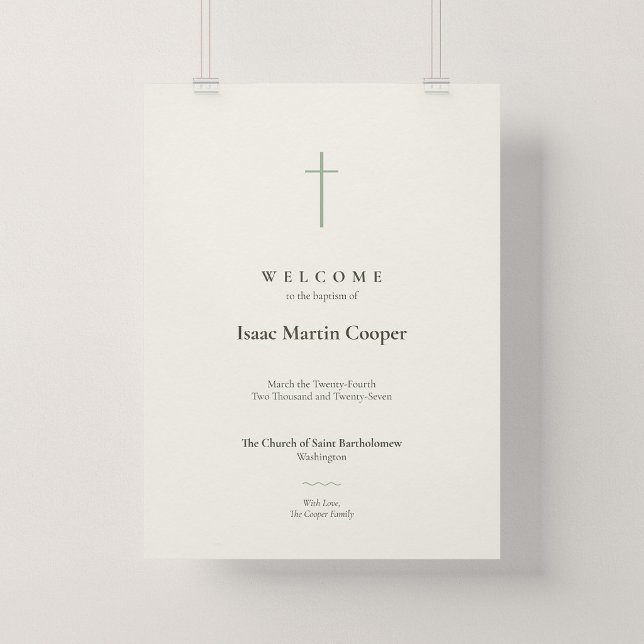 Affiche Panneau de bienvenue de l'église de baptême Grace  (Grace | Sage. Minimalist cross baptism church welcome poster.)