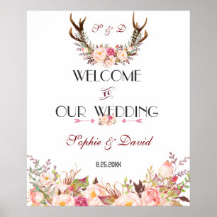 Affiche Panneau de bienvenue de mariage à bois de cerf flo