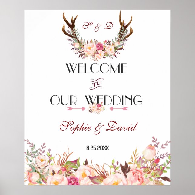 Affiche Panneau de bienvenue de mariage à bois de cerf flo (Devant)