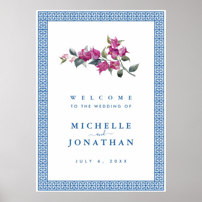 Affiche Panneau de bienvenue de mariage à clé grecque bleu (Devant)