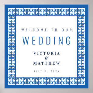 Affiche Panneau de bienvenue de mariage à clé grecque bleu