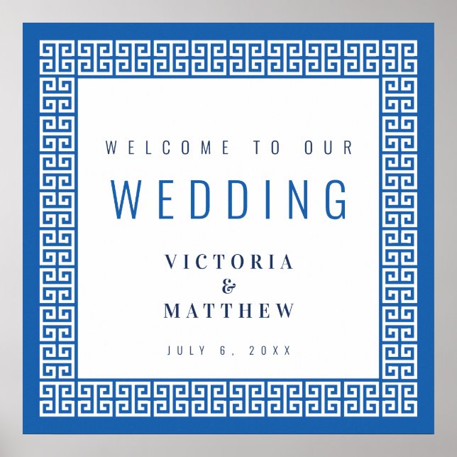 Affiche Panneau de bienvenue de mariage à clé grecque bleu (Devant)