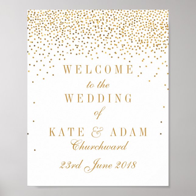 Affiche Panneau de bienvenue de mariage à confettis dorés  (Devant)