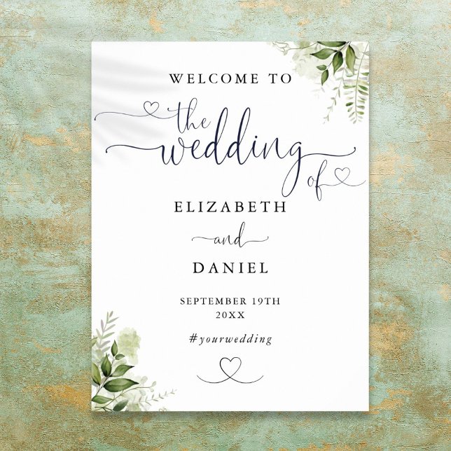 Affiche Panneau de bienvenue de mariage à écriture florale (Greenery Floral Heart Script Wedding Welcome Sign)