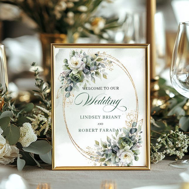 Affiche Panneau de bienvenue de mariage à feuillage botani (Dusty Green Botanical Foliage Wedding Welcome Sign)