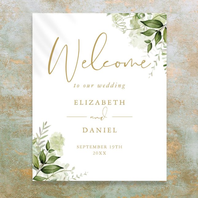 Affiche Panneau de bienvenue de mariage à feuillage vert d (Greenery Foliage Wedding Gold Welcome Sign)
