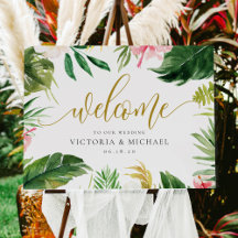 Panneau de bienvenue de mariage à feuilles tropica