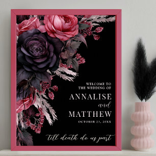 Affiche Panneau de bienvenue de mariage à fleurs noires go