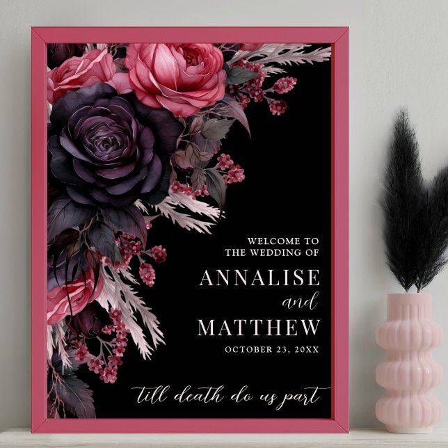 Affiche Panneau de bienvenue de mariage à fleurs noires go (Gothic Black Floral Wedding Welcome Sign)