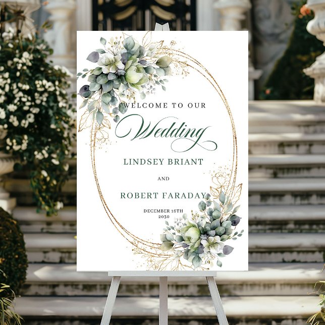 Affiche Panneau de bienvenue de mariage à la verdure d'euc (Modern Eucalyptus Greenery Wedding Welcome Sign)