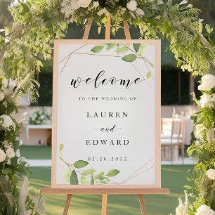 Affiche Panneau de bienvenue de mariage à la verdure dorée