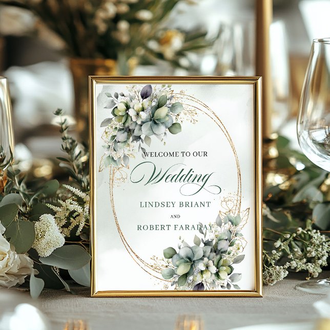 Affiche Panneau de bienvenue de mariage à la verdure douce (Soft Greenery and Gold Wedding Welcome Sign)