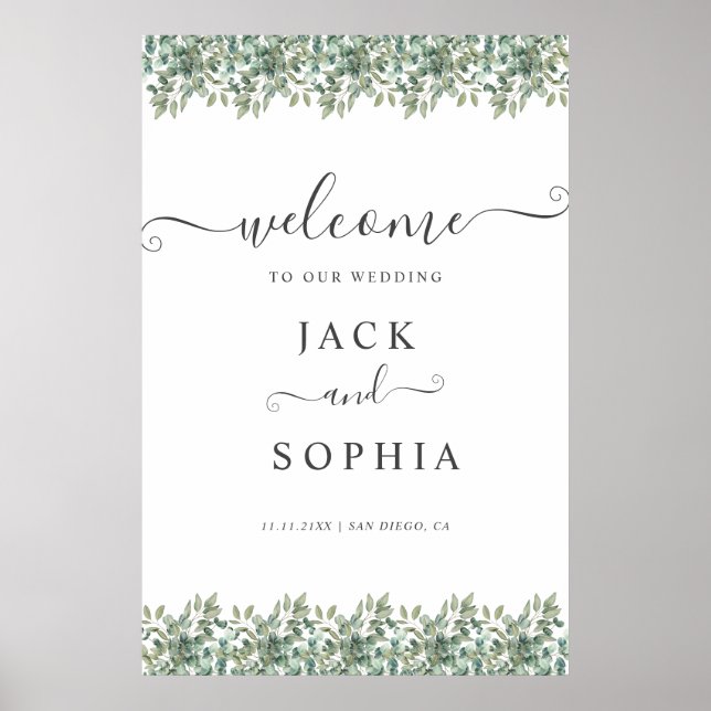 Affiche Panneau de bienvenue de mariage à la verdure éléga (Devant)