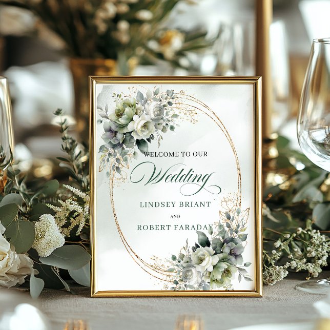 Affiche Panneau de bienvenue de mariage à la verdure éléga (Elegant Greenery and Gold Wedding Welcome Sign)