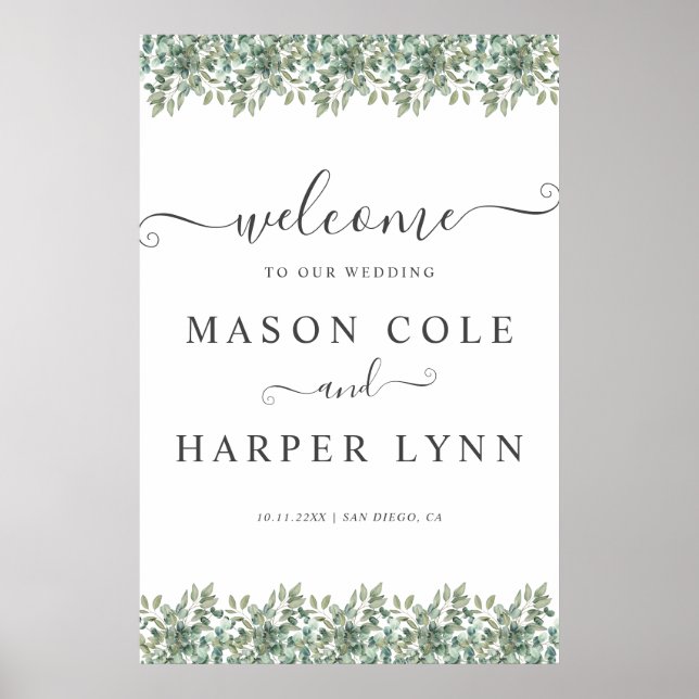 Affiche Panneau de bienvenue de mariage à la verdure éléga (Devant)