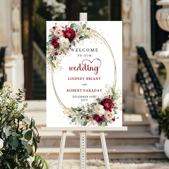 Affiche Panneau de bienvenue de mariage à la verdure flora (Custom gold floral greenery wedding welcome sign decor

)