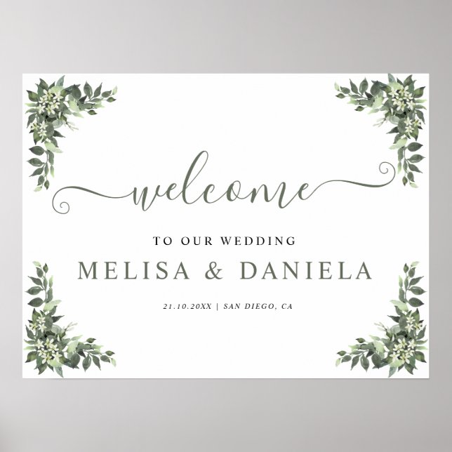 Affiche Panneau de bienvenue de mariage à la verdure minim (Devant)
