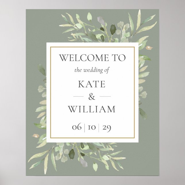 Affiche Panneau de bienvenue de mariage à la verdure vert  (Devant)