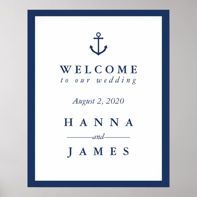 Affiche Panneau de bienvenue de mariage à l'ancre bleu mar (Devant)