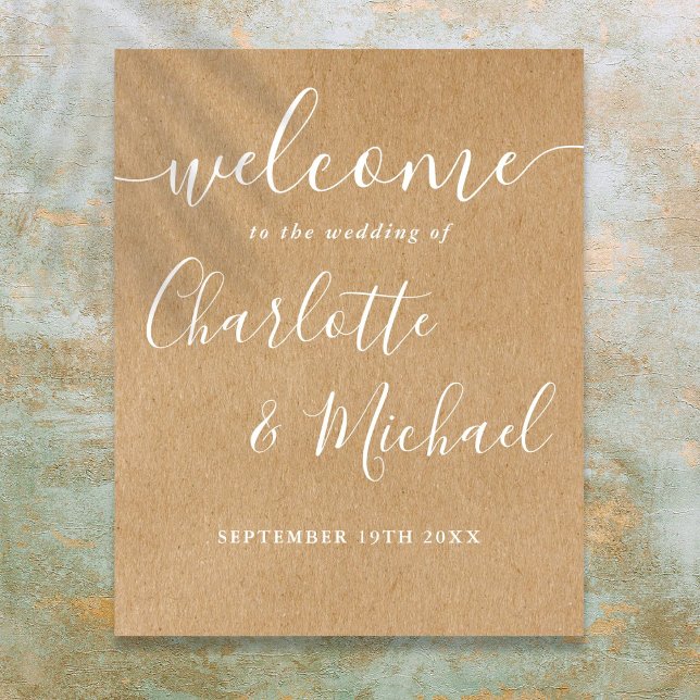 Affiche Panneau de bienvenue de mariage à l'écriture de Ru (Rustic Kraft Signature Script Wedding Welcome Sign)