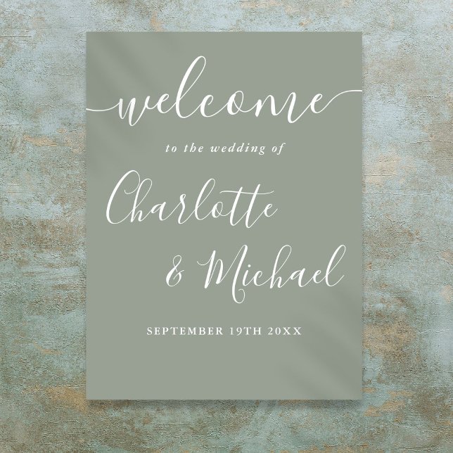 Affiche Panneau de bienvenue de mariage à l'écriture de si (Sage Green Signature Script Wedding Welcome Sign)