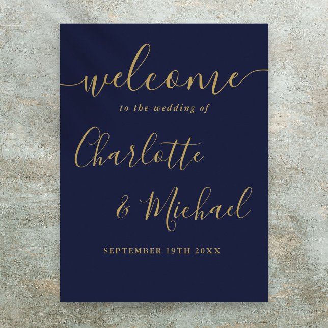 Affiche Panneau de bienvenue de mariage à l'écriture dorée (Navy Blue And Gold Script Wedding Welcome Sign)