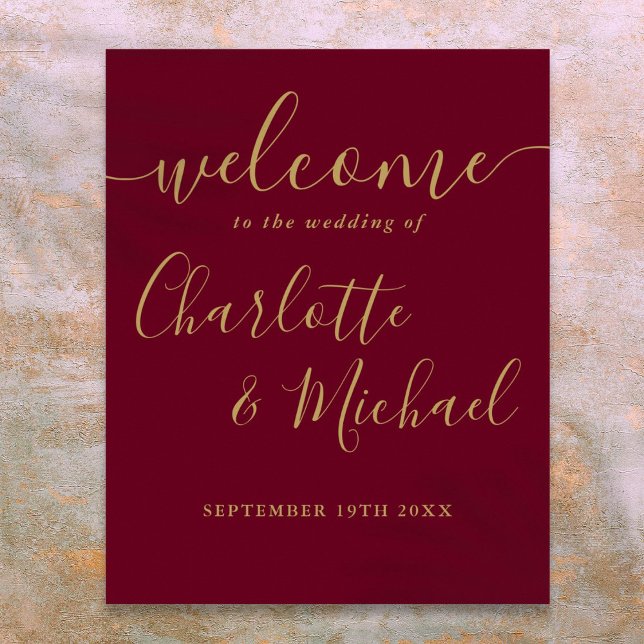 Affiche Panneau de bienvenue de mariage à l'écriture en Bo (Burgundy and Gold Script Wedding Welcome Sign)