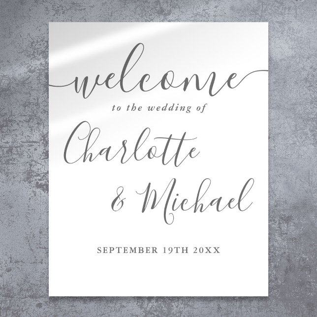 Affiche Panneau de bienvenue de mariage à l'écriture grise (Gray Signature Script Wedding Welcome Sign)