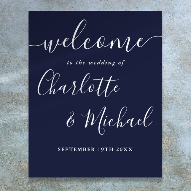 Affiche Panneau de bienvenue de mariage à l'écriture signa (Navy Blue Signature Script Wedding Welcome Sign)