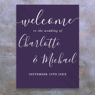 Affiche Panneau de bienvenue de mariage à l'écriture viole