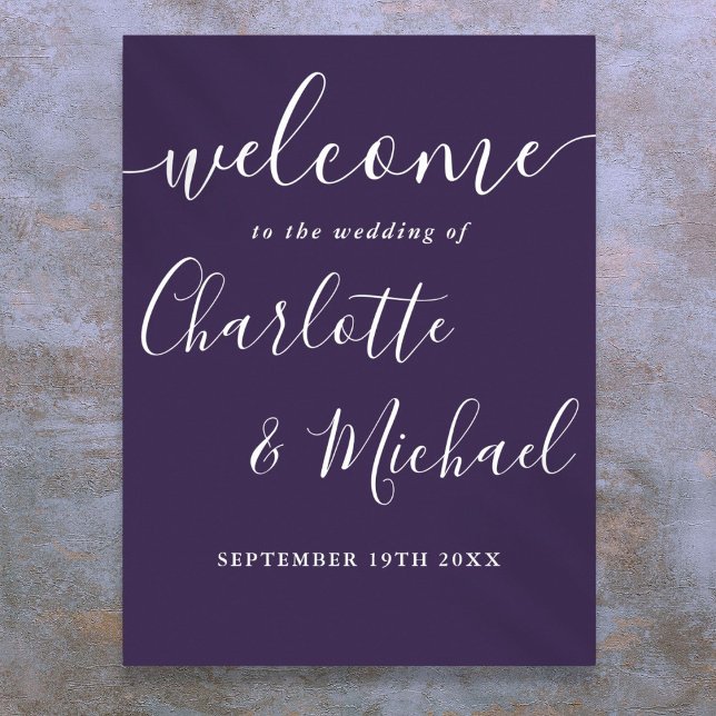 Affiche Panneau de bienvenue de mariage à l'écriture viole (Purple Signature Script Wedding Welcome Sign)