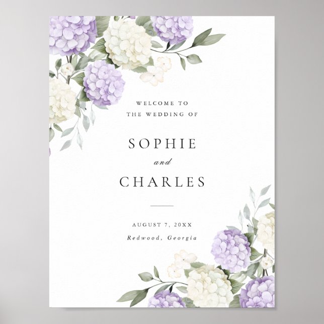 Affiche Panneau de bienvenue de mariage à l'hydrangea viol (Devant)