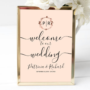 Affiche Panneau de bienvenue de mariage à monogramme 